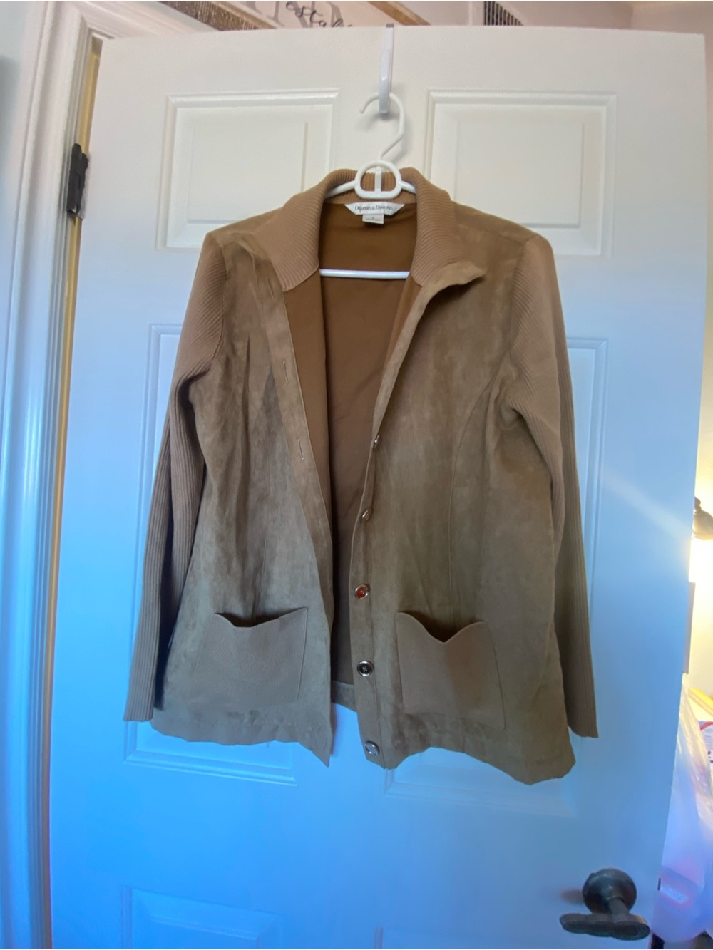 Women’s Tan Suede-Effect Blazer Jacket with Knit Sleeves